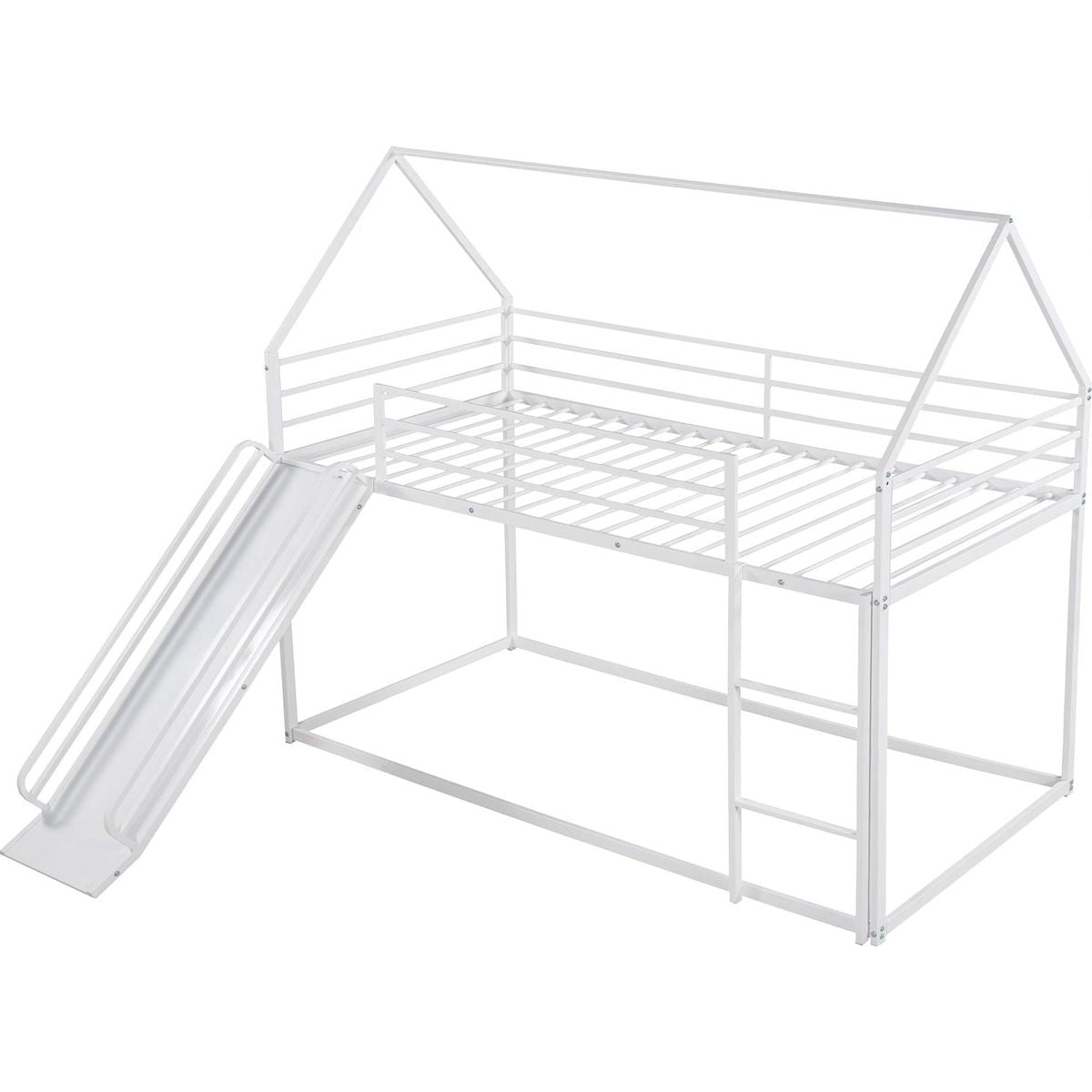 Twin over Twin House Bunk Bed with Ladder and Slide, White - Streamdale Furniture