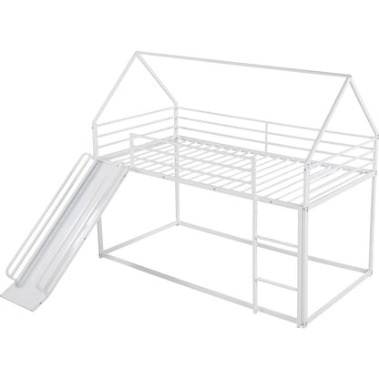 Twin over Twin House Bunk Bed with Ladder and Slide, White - Streamdale Furniture