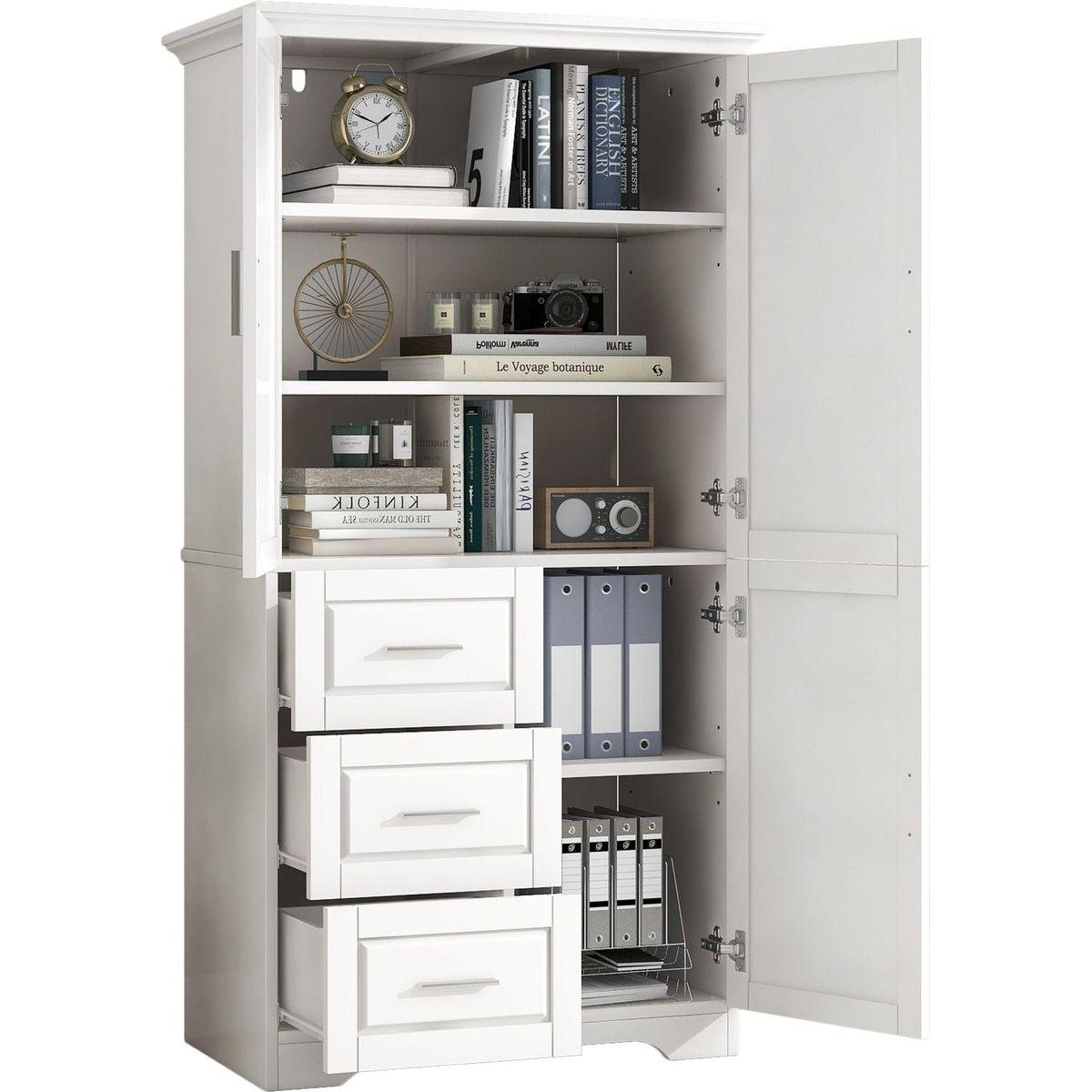 Tall and Wide Storage Cabinet with Doors for Bathroom/Office, Three Drawers, White