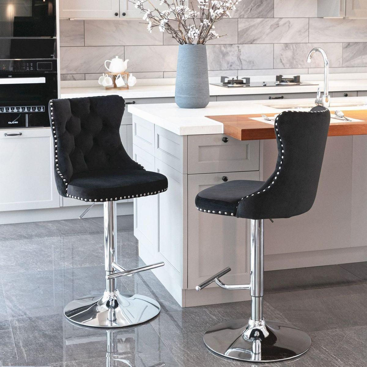 Swivel Velvet Barstools Adjusatble Seat Height from 25-33 Inch, Modern Upholstered Chrome base Bar Stools with Backs Comfortable Tufted for Home Pub and Kitchen Islandlack, Set of 2) - Streamdale Furniture