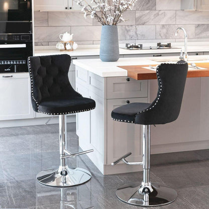 Swivel Velvet Barstools Adjusatble Seat Height from 25-33 Inch, Modern Upholstered Chrome base Bar Stools with Backs Comfortable Tufted for Home Pub and Kitchen Islandlack, Set of 2) - Streamdale Furniture