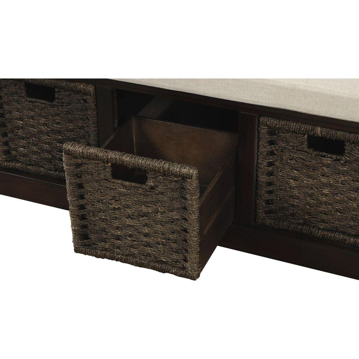 Rustic Storage Bench with 3 Removable Classic Rattan Basket, Entryway Bench with Removable Cushion (Espresso)