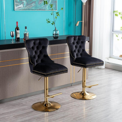 Swivel Bar Stools Chair Set of 2 Modern Adjustable Counter Height Bar Stools, Velvet Upholstered Stool with Tufted High Back & Ring Pull for Kitchen, Chrome Golden Base, Black