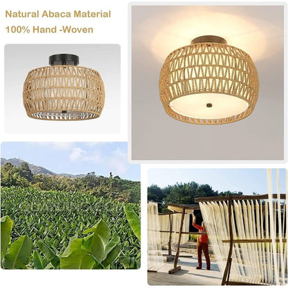 3-Light Woven Rattan Semi Flush Mount Ceiling Light