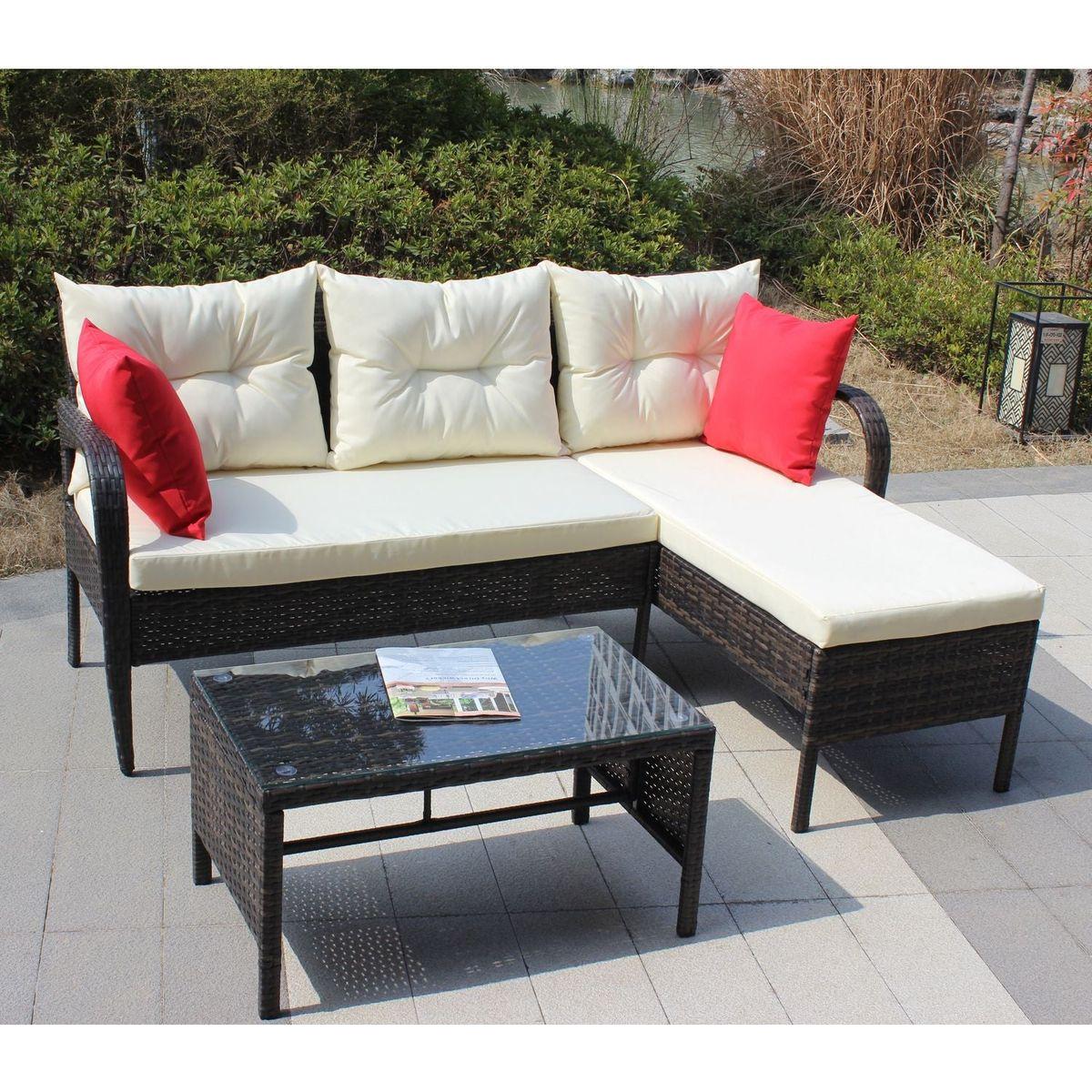 Outdoor patio Furniture sets 3 piece Conversation set wicker Ratten Sectional Sofa With Seat Cushions(Beige Cushion)