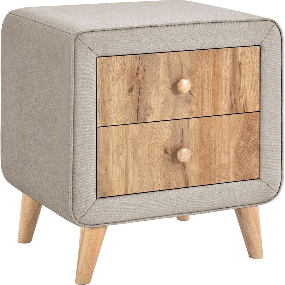 Upholstered Wooden Nightstand with 2 Drawers, Fully Assembled Except Legs and Handles, Bedside Table with Rubber Wood Leg-Beige