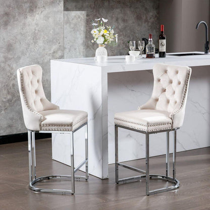 26" Counter Height Bar Stools Set of 2, Modern Velvet Barstools with Button Back&Rivet Trim Upholstered Kitchen Island Chairs with Sturdy Chromed Metal Base Legs Farmhouse Bar Stools, (Beige, 2 Pack)