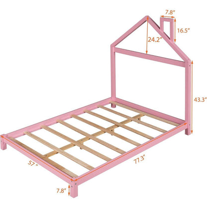 Full Size Wood Platform Bed with House-shaped Headboard (Pink)