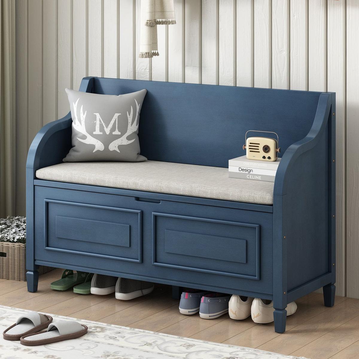 Rustic Style Solid wood Entryway Multifunctional Storage Bench with Safety Hinge (Antique Navy+ Beige)
