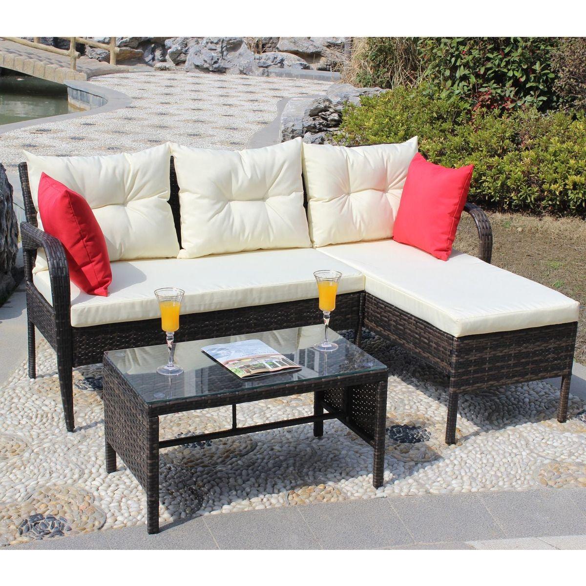 Outdoor patio Furniture sets 3 piece Conversation set wicker Ratten Sectional Sofa With Seat Cushions(Beige Cushion)