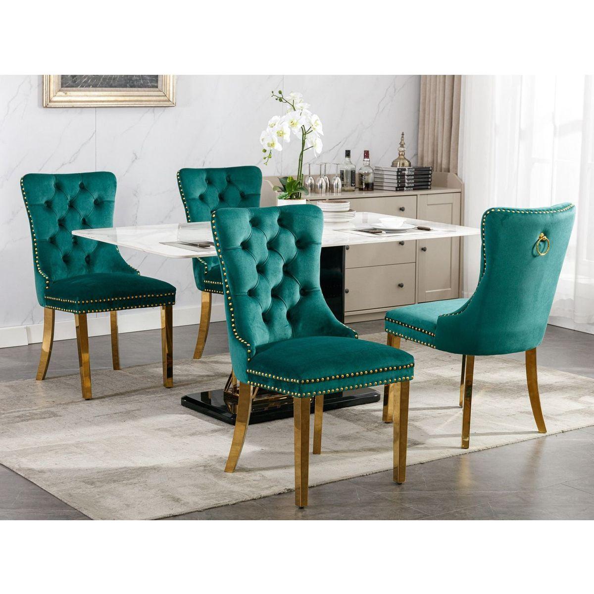 Nikki Collection Modern, High-end Tufted Solid Wood Contemporary Velvet Upholstered Dining Chair with Golden Stainless Steel Plating Legs, Nailhead Trim, Set of 2lack and Gold