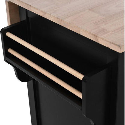 Kitchen Cart with Rubber wood Drop-Leaf Countertop, Concealed sliding barn door adjustable height, Kitchen Island on 4 Wheels with Storage Cabinet and 2 Drawers, L52.2xW30.5xH36.6 inch, Black