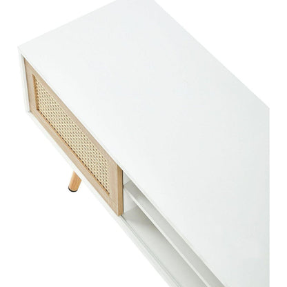 55.12" Rattan TV cabinet, double sliding doors for storage, adjustable shelf, solid wood legs, TV console for living room, White