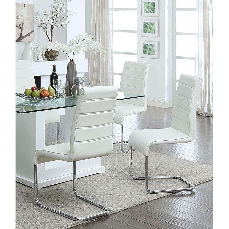 Contemporary White Padded Leatherette 2pc Side Chairs Set of 2 Chairs Kitchen Dining Room Metal Chrome Legs