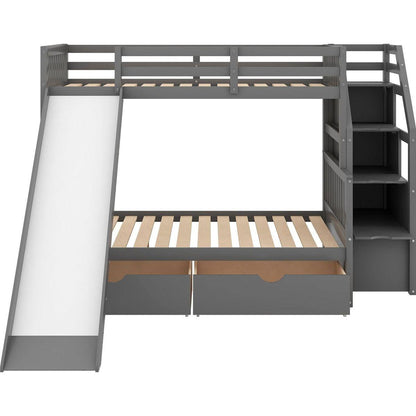 Twin over Full Bunk Bed with Drawers, Storage and Slide, Multifunction, Gray