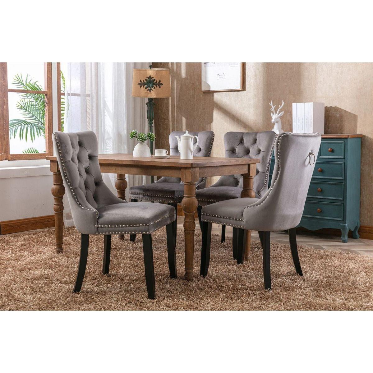 Nikki Collection Modern, High-end Tufted Solid Wood Contemporary Velvet Upholstered Dining Chair with Wood Legs Nailhead Trim 2-Pcs Set, Gray