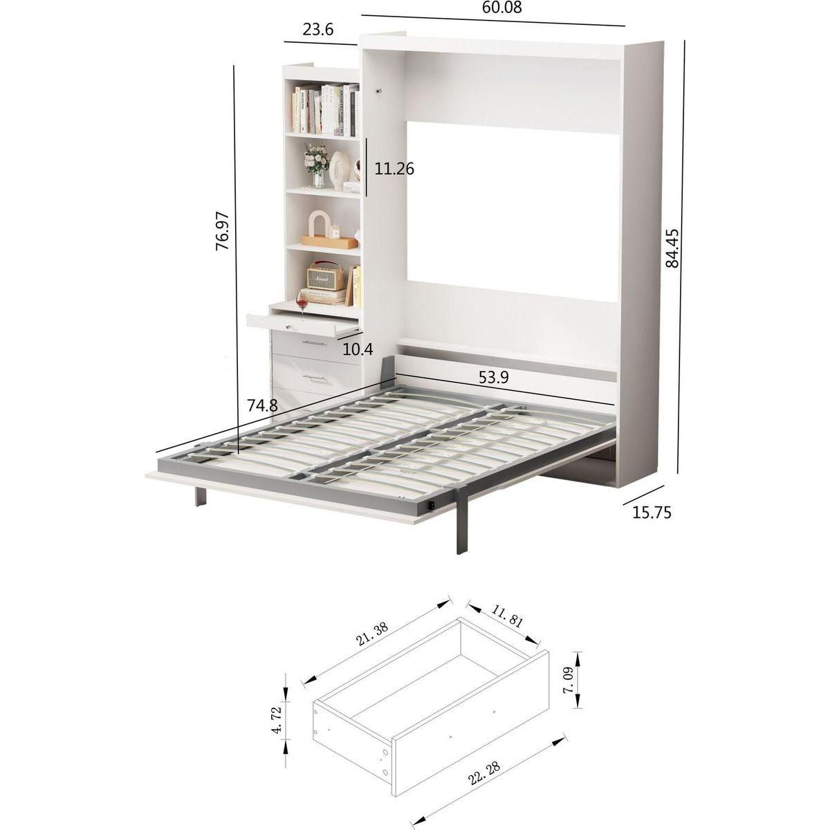 Morden Deisgn Full Size Vertical Murphy Bed with Shelf and Drawers for Bedroom or Guestroom White Wall Bed Space Saving Hidden Bed with New Style Gas Struts