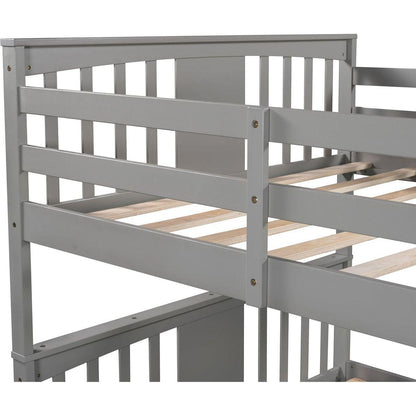 Full over Full Bunk Bed with Ladder for Bedroom, Guest Room Furniture-Gray