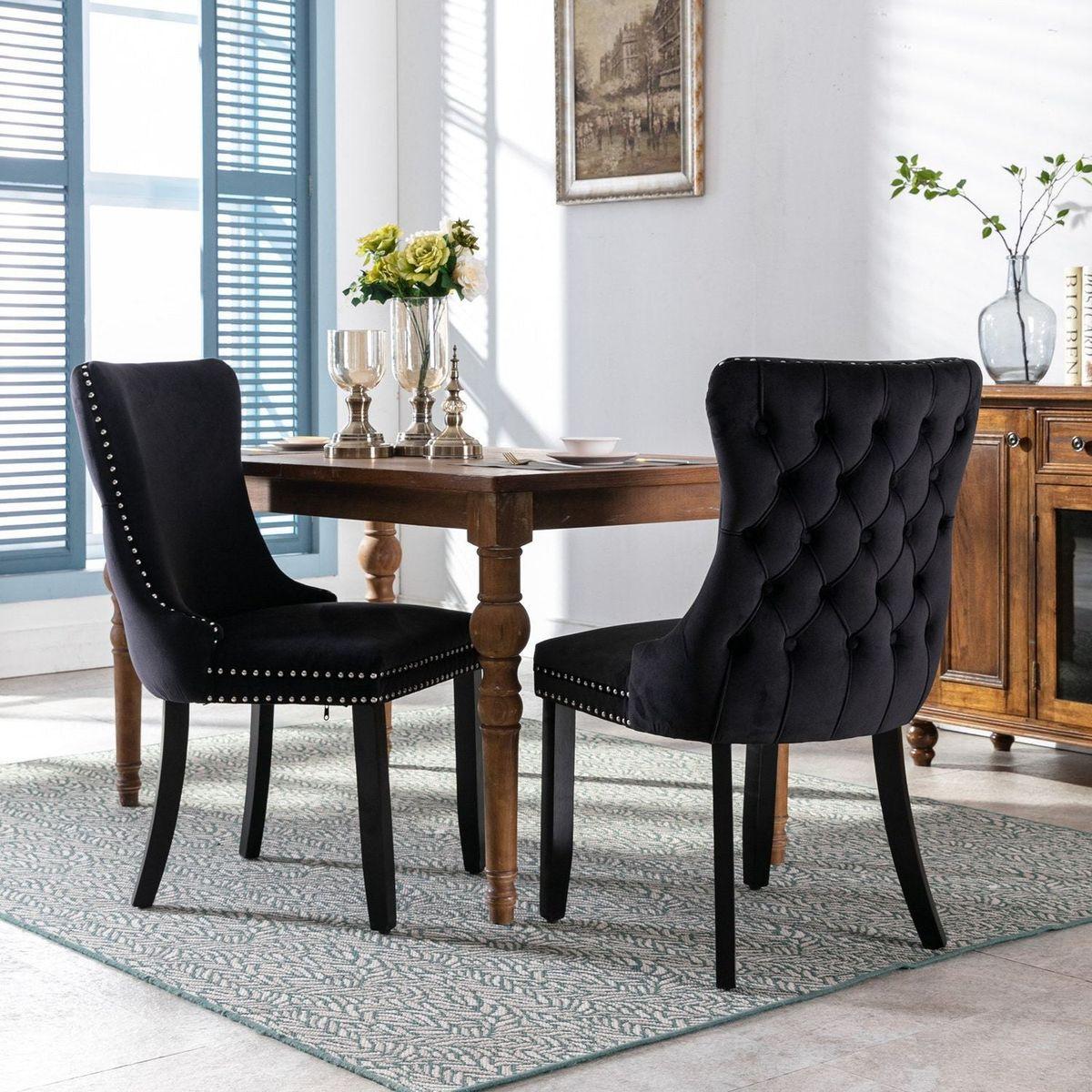 Upholstered Wing-Back Dining Chair with Backstitching Nailhead Trim and Solid Wood Legs, Set of 2, Black, 8809BK, KD