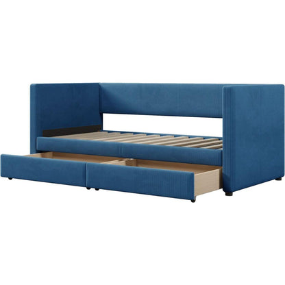Twin Size Corduroy Daybed with Two Drawers and Wood Slat, Blue