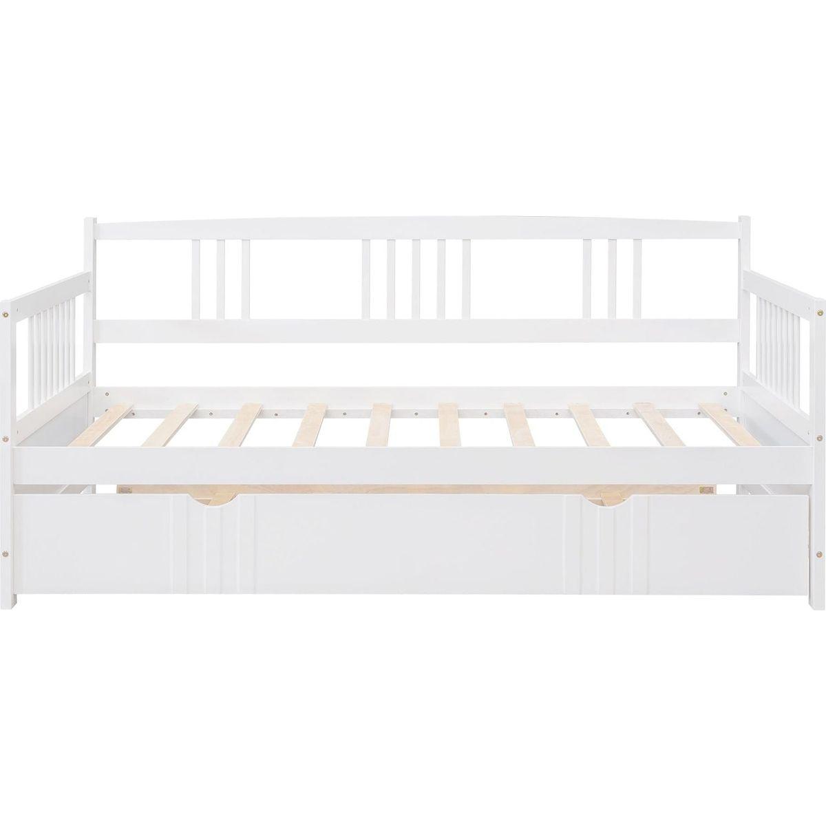 Twin Size Daybed Wood Bed with Twin Size Trundle, White