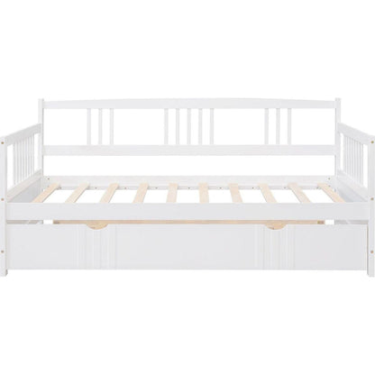 Twin Size Daybed Wood Bed with Twin Size Trundle, White