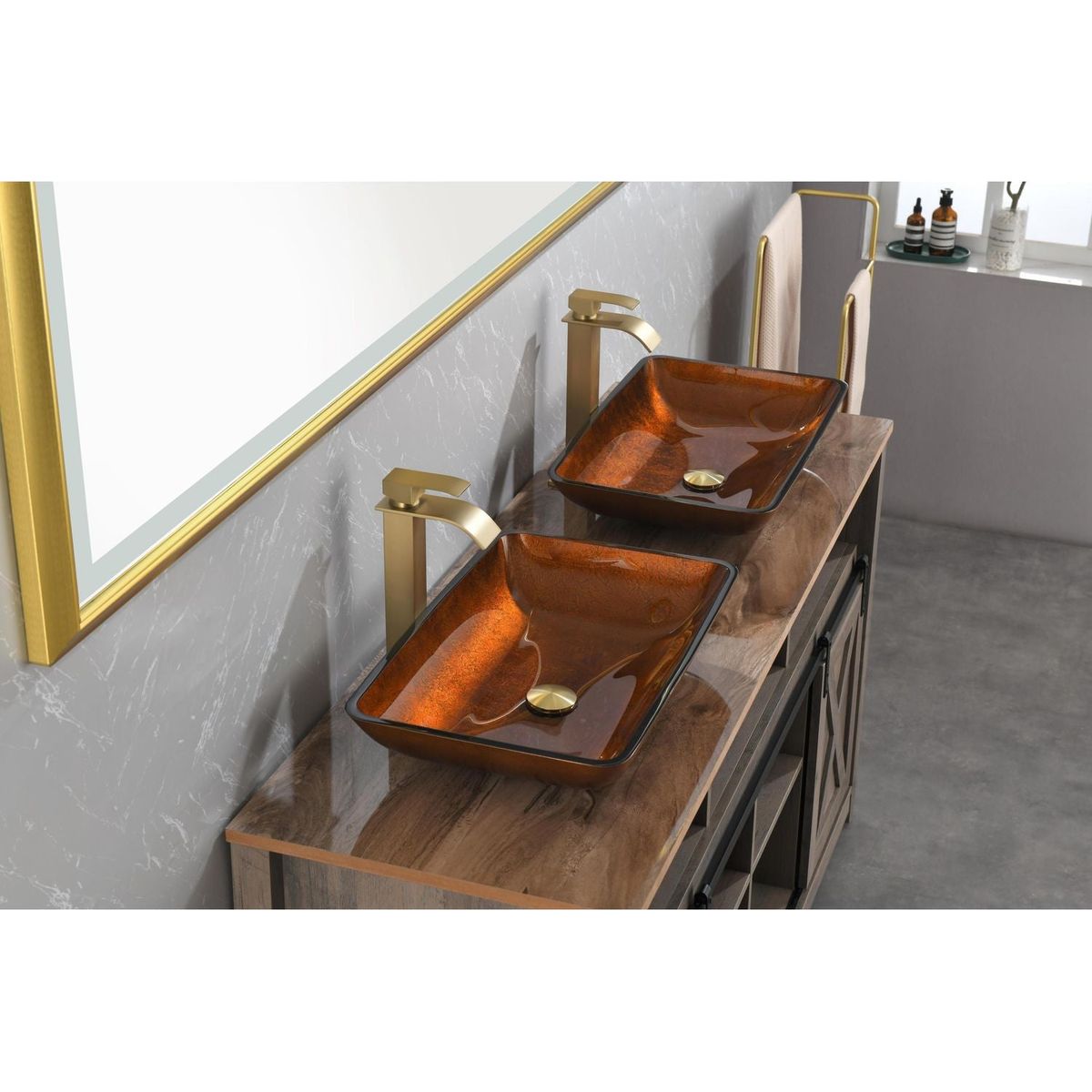 22.5" L -L -14.5" W -4 1/2 in. Handmade Glass Rectangle Vessel Bathroom Sink Set in Rich Chocolate Brown Finish with gold Faucet and gold Pop Up Drain