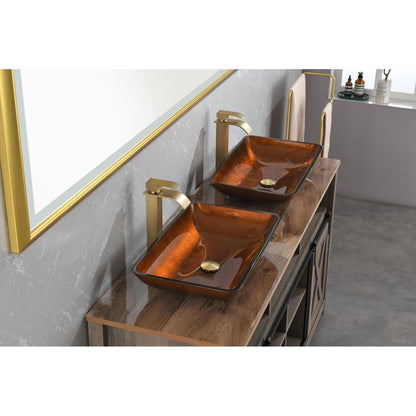 22.5" L -L -14.5" W -4 1/2 in. Handmade Glass Rectangle Vessel Bathroom Sink Set in Rich Chocolate Brown Finish with gold Faucet and gold Pop Up Drain