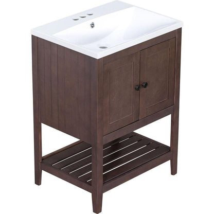 24" Brown Modern Sleek Bathroom Vanity Elegant Ceramic Sink with Solid Wood Frame Open Style Shelf