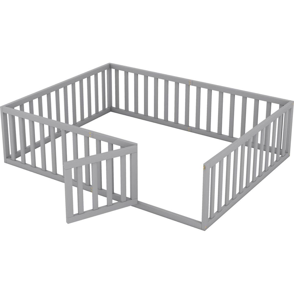 Queen Size Wood Floor Bed Frame with Fence and Door, Gray