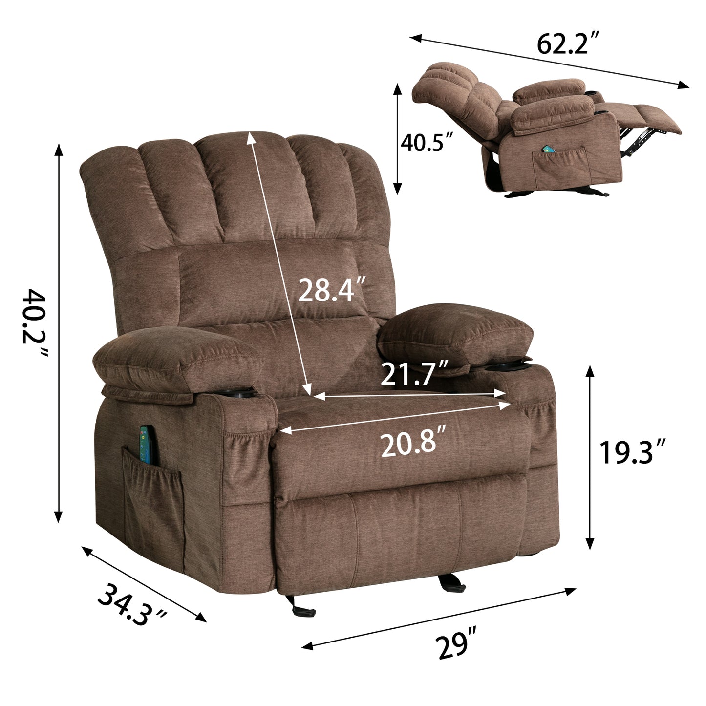 Recliner Chair Massage Heating sofa with USB and side pocket 2 Cup Holders (Brown)