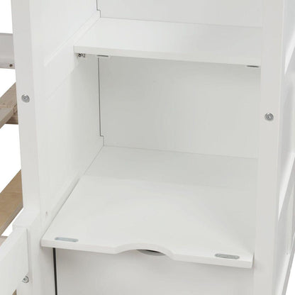 Twin over Full/Twin Bunk Bed, Convertible Bottom Bed, Storage Shelves and Drawers, White