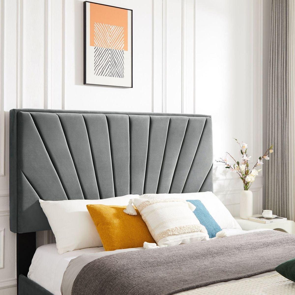 Full bed with two nightstands, Beautiful line stripe cushion headboard, strong wooden slats + metal legs with Electroplate