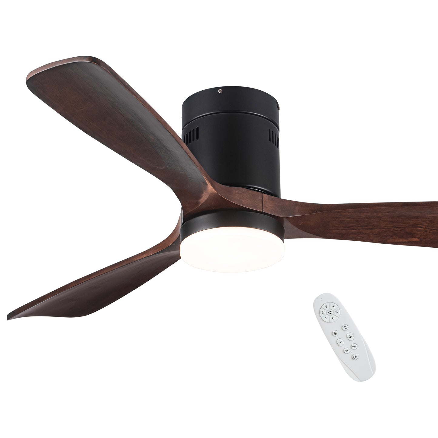 Semi Flush Ceiling Fan with Integrated LED Light in Solid Wood Blade