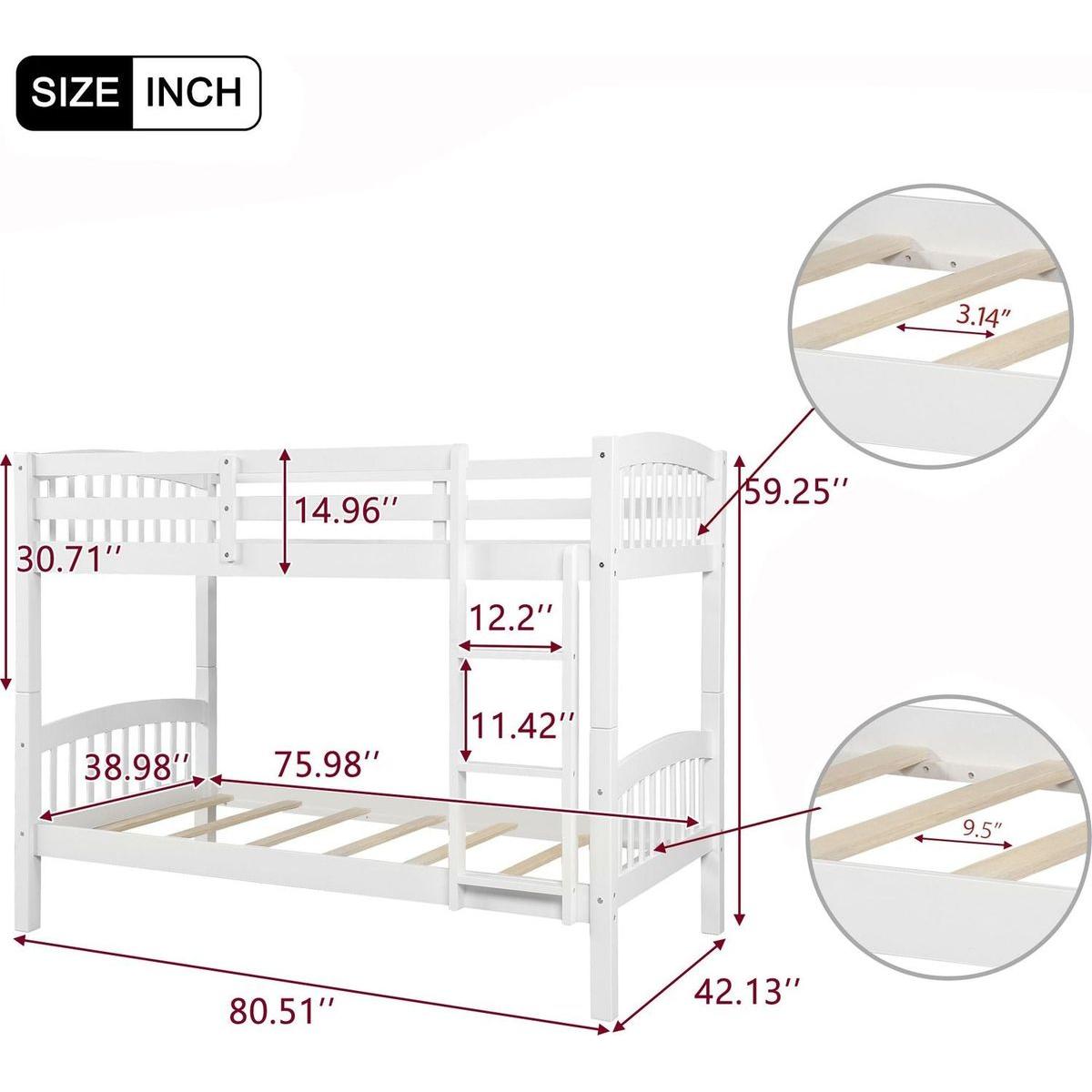 Twin Over Twin Bunk Bed with Ladder, White - Streamdale Furniture