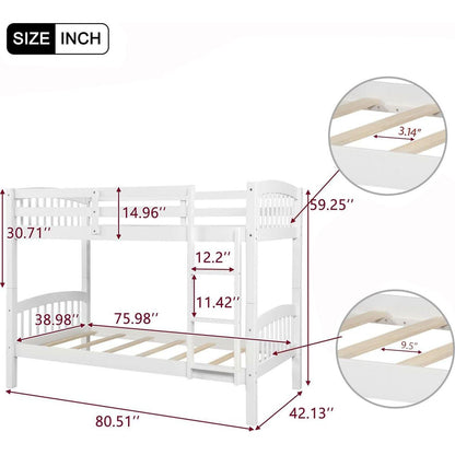 Twin Over Twin Bunk Bed with Ladder, White - Streamdale Furniture