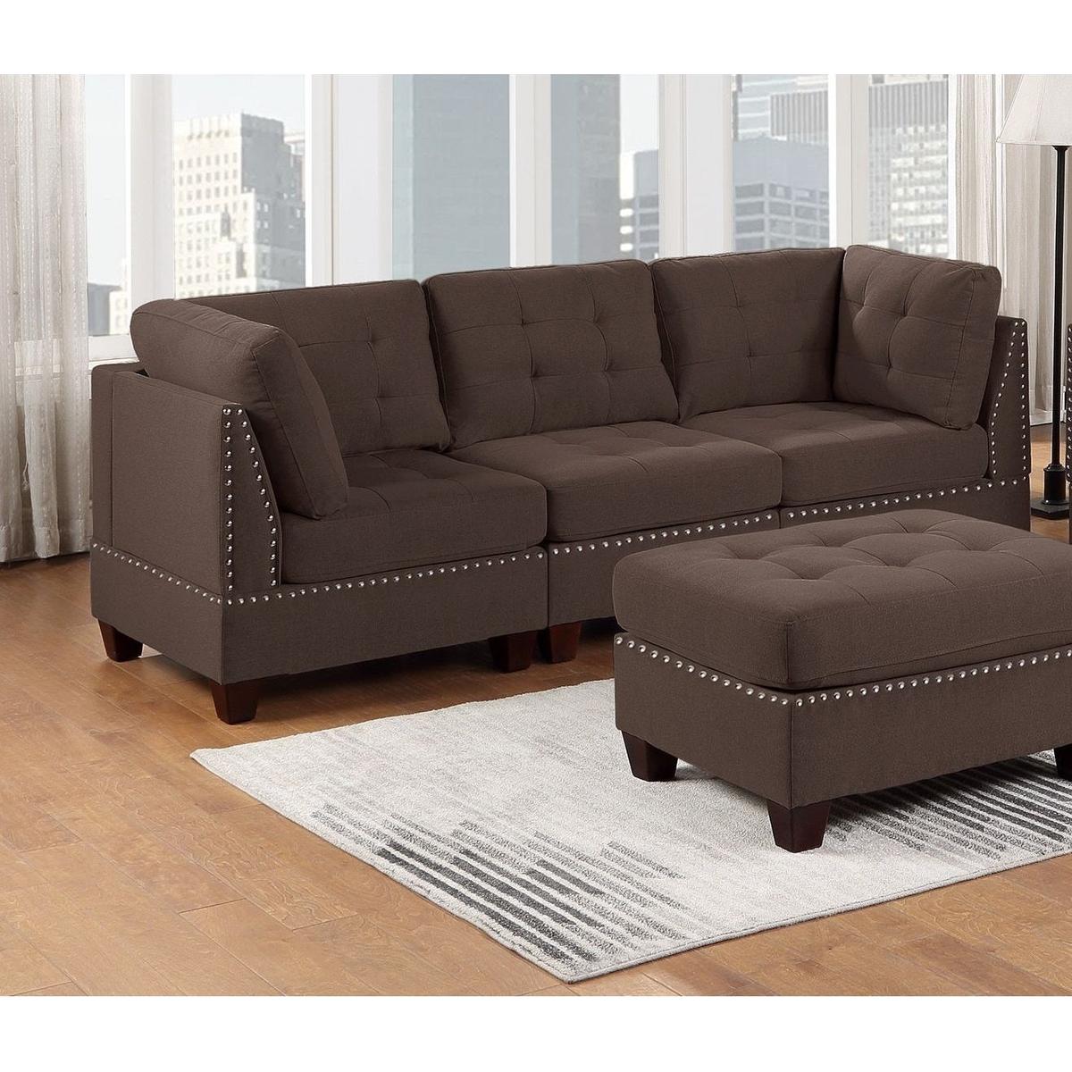 Modular Sofa Set 6pc Set Living Room Furniture Sofa Loveseat Tufted Couch Nail heads Black Coffee Linen Like Fabric 4x Corner Wedge 1x Armless Chair and 1x Ottoman