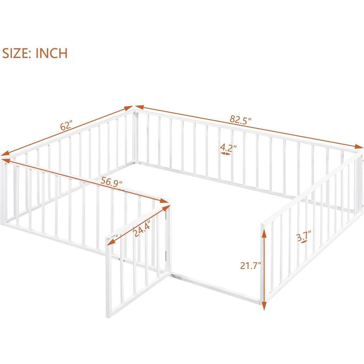 Queen Size Metal Floor Bed Frame with Fence and Door, White