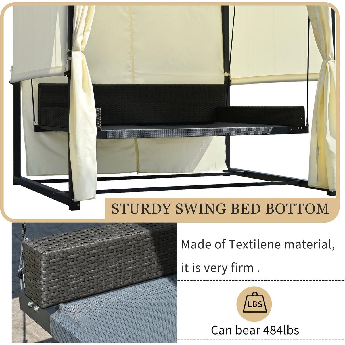 2-3 People Outdoor Swing Bed, Adjustable Curtains, Suitable For Balconies, Gardens And Other Places