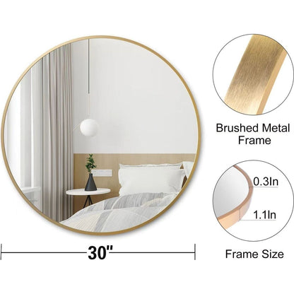 Circle Mirror 30 Inch, Gold Round Wall Mirror Suitable for Bedroom, Living Room, Bathroom, Entryway Wall Decor and More, Brushed Aluminum Frame Large Circle Mirrors for Wall