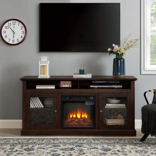 Contemporary TV Media Stand Modern Entertainment Console with 18" Fireplace Insert for TV Up to 65" with Open and Closed Storage Space, Brown, 60" Wx15.75"Dx29" H