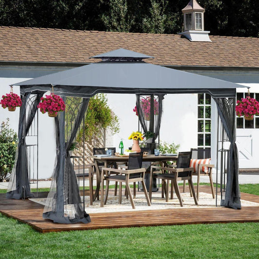 10x10 Outdoor Patio Gazebo Canopy Tent With Ventilated Double Roof And Mosquito net (Detachable Mesh Screen On All Sides),Suitable for Lawn, Garden, Backyard and Deck, Gray Top - Streamdale Furniture