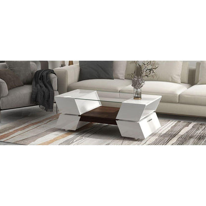 6mm Glass-Top Coffee Table with Open Shelves and Cabinets, Geometric Style Cocktail Table with Great Storage Capacity, Modernist 2-Tier Center Table for Living Room, White