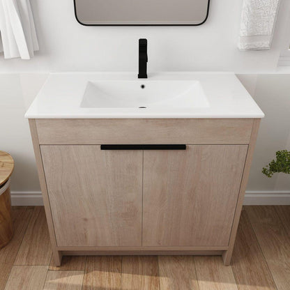 36 Inch Freestanding Bathroom Vanity with White Ceramic Sink & 2 Soft-Close Cabinet Doors (BVB02436PLO-F-BL9090B),W1286S00063