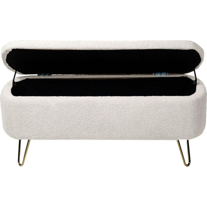 Ivory White Storage Ottoman Bench for End of Bed Gold Legs, Modern Ivory White Faux Fur Entryway Bench Upholstered Padded with Storage for Living Room Bedroom