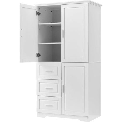 Tall and Wide Storage Cabinet with Doors for Bathroom/Office, Three Drawers, White