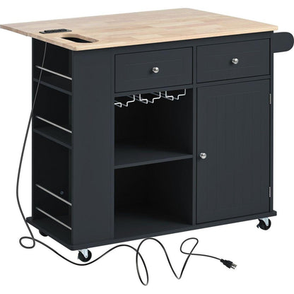 Kitchen Island with Power Outlet,Kitchen Storage Island with Drop Leaf and Rubber Wood,Open Storage and Wine Rack,5 Wheels,with Adjustable Storage for Home, Kitchen, and Dining Room, Black