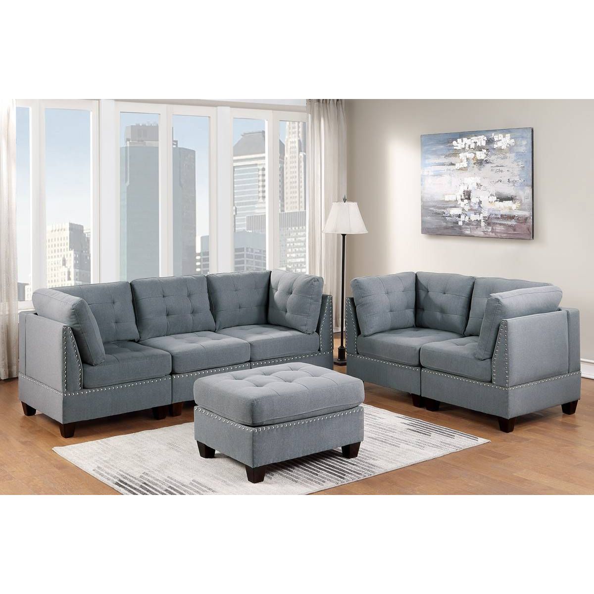 Modular Sofa Set 6pc Set Living Room Furniture Sofa Loveseat Tufted Couch Nail heads Gray Linen Like Fabric 4x Corner Wedge 1x Armless Chair and 1x Ottoman