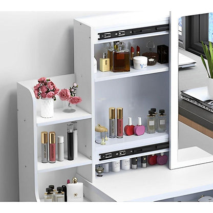 Fashion Vanity Desk with Mirror and Lights for Makeup and Chair, Vanity Mirror with Lights and Table Set with 3 Color Lighting Brightness Adjustable, 4 Drawers, White Color