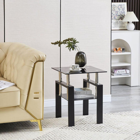 Tempered Black Glass Sofa Table, 2-Layers End Table with Storage, Living Room Side Table